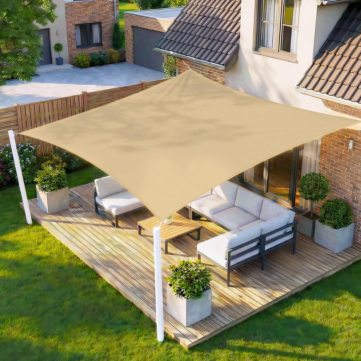 HENG FENG Toldo Vela de Sombra Rectangular 4x5m, PES 160 g/m² Impermeable, 95% Bloqueo UV, para Exterior en Terraza, Jardín, Patio - Incluye Cuerda de Fijación - Beige — view 9