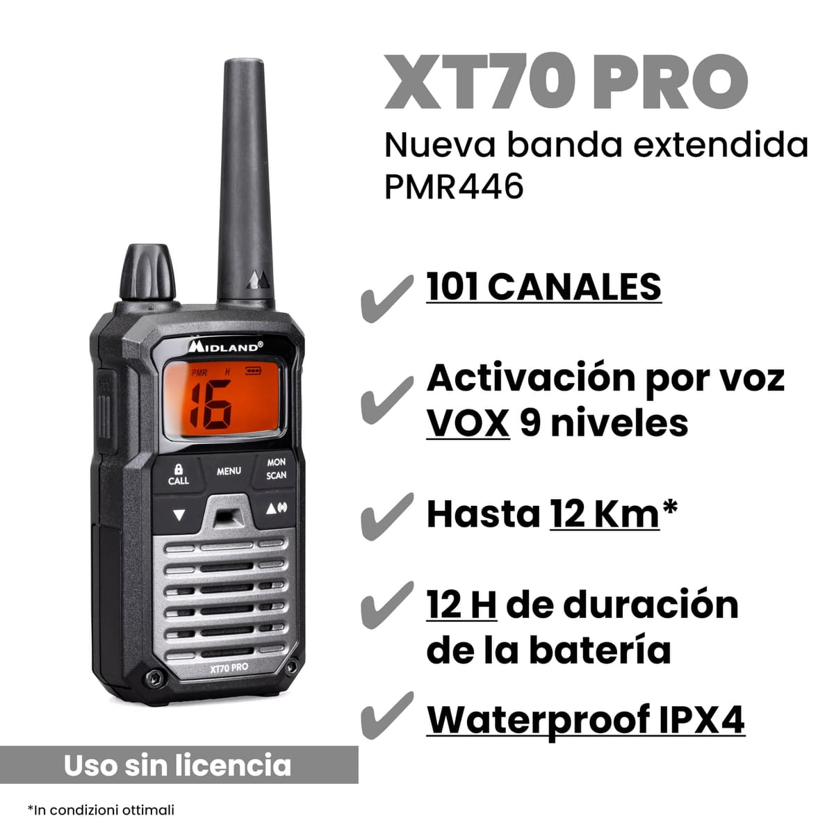 Midland XT70 PRO Doble, Walkie Talkie Profesional de Carga Rápida, 101 Canales PMR446 y Canal RRM, 142 Tonos CTCSS, Resistente al Agua IPX4, Recargable con USB, Alcance 12 Km, Negro/Gris, 2 Unidades — view 3