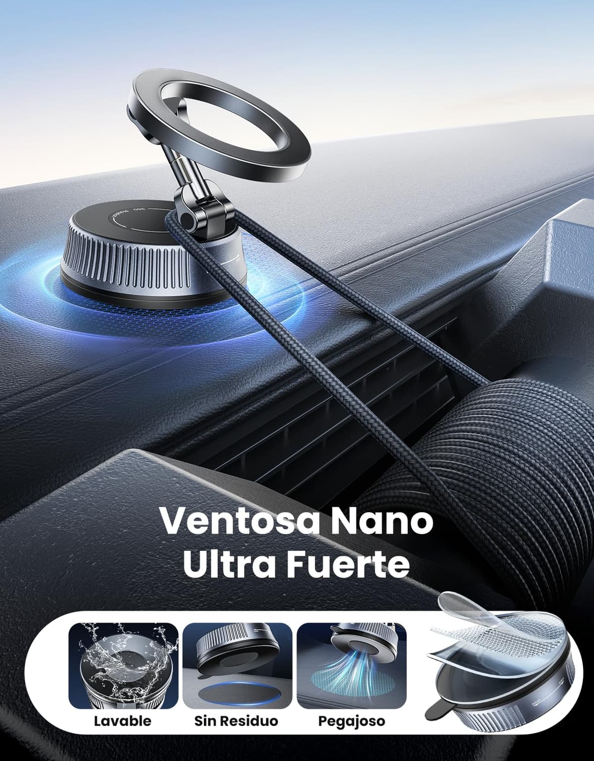 Magnetic Mobile Phone Car Holder with Vacuum Suction Nano Gel Enhanced, Adjustable 360° & Foldable Support Telemovel Cart for MagSafe, Includes Metal Ring, Universal for iPhone/Android — view 2