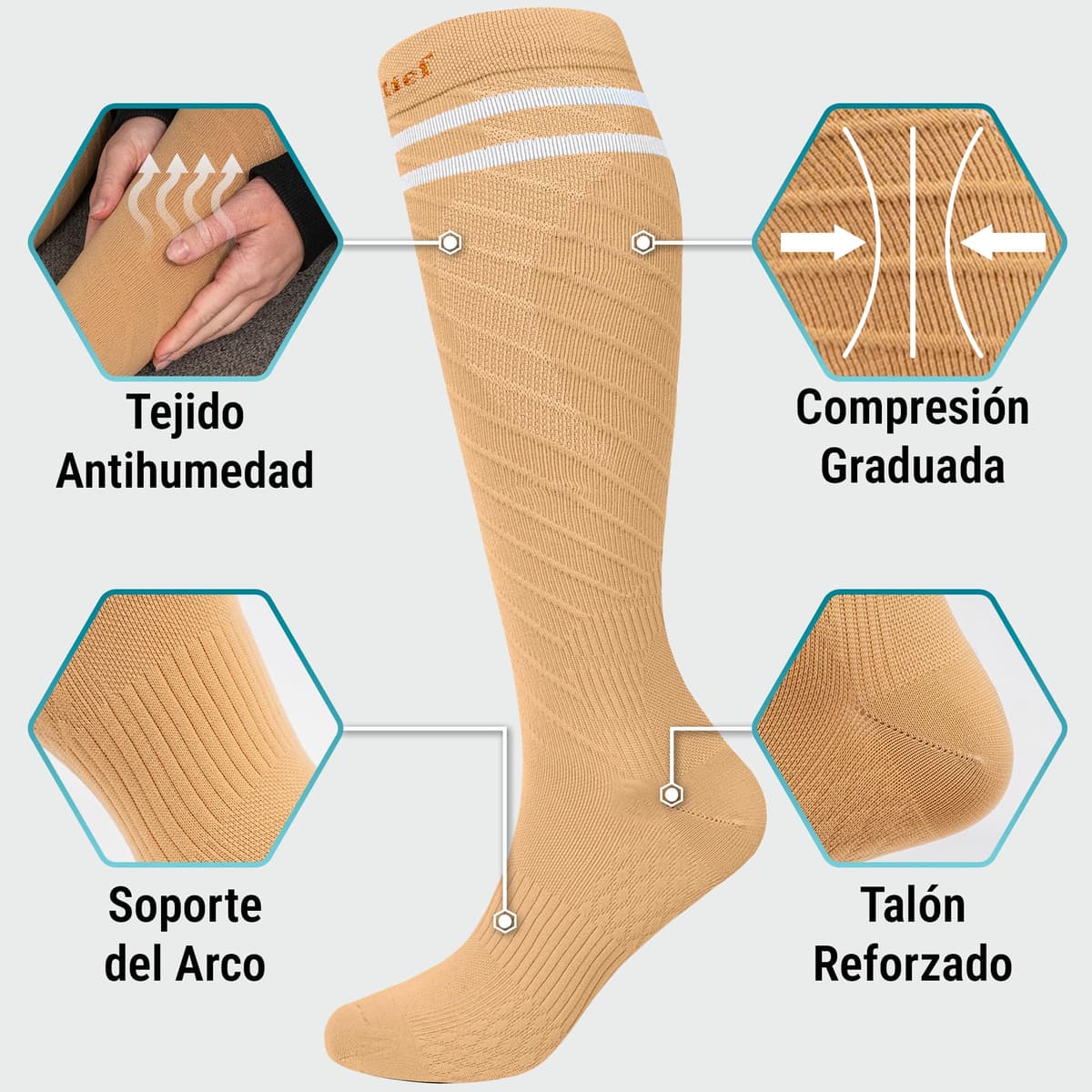 360 Relief Medias de Compresión Mujer y Hombre - 1 Par Calcetines de Compresión para Deportes, Correr, Volar, Viaje, Trabajo, Footing - S/M Beis con Bolsa de Malla — view 54