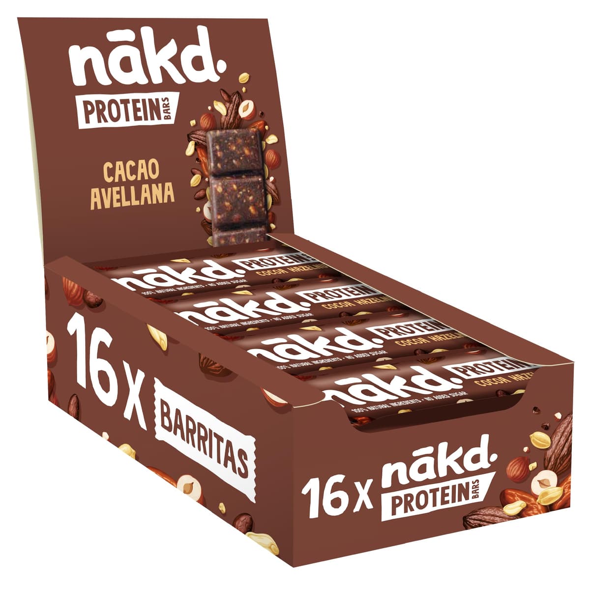 Nākd. Protein Cacao Avellana | Barritas Proteícas | 7g de Proteína de Origen Vegetal |100% Ingredientes Naturales | Sin Azúcar Añadido | Vegano | 16 x 45g | 720g