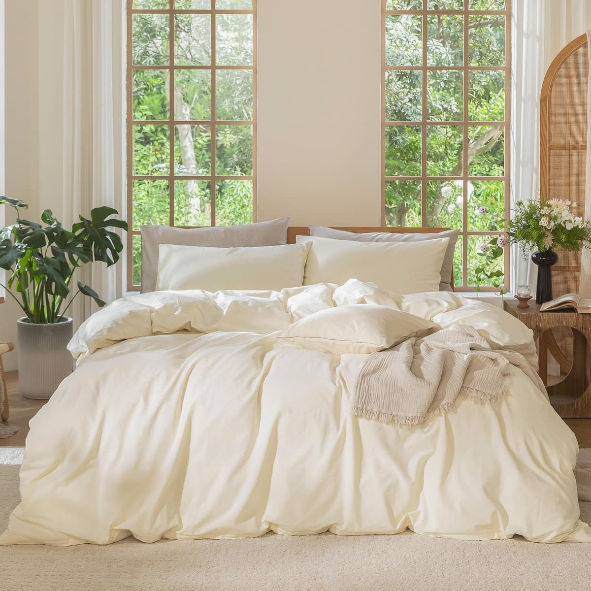 MooMee Bedding Duvet Cover Set 100% Washed Cotton Linen Like Textured Breathable Durable Soft Comfy (Tannish Linen Grey, King) — view 33
