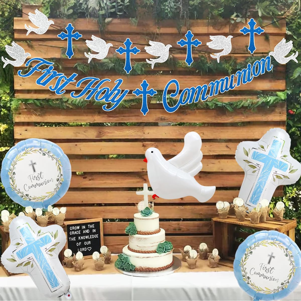 First Holy Communion Decorations Blue Set Communion Banner Communion Foil Balloons Dove Cross Party Supplies Boys Girls First Communion Decorations Confirmation Decorations Church Party Backdrop Kit — view 2