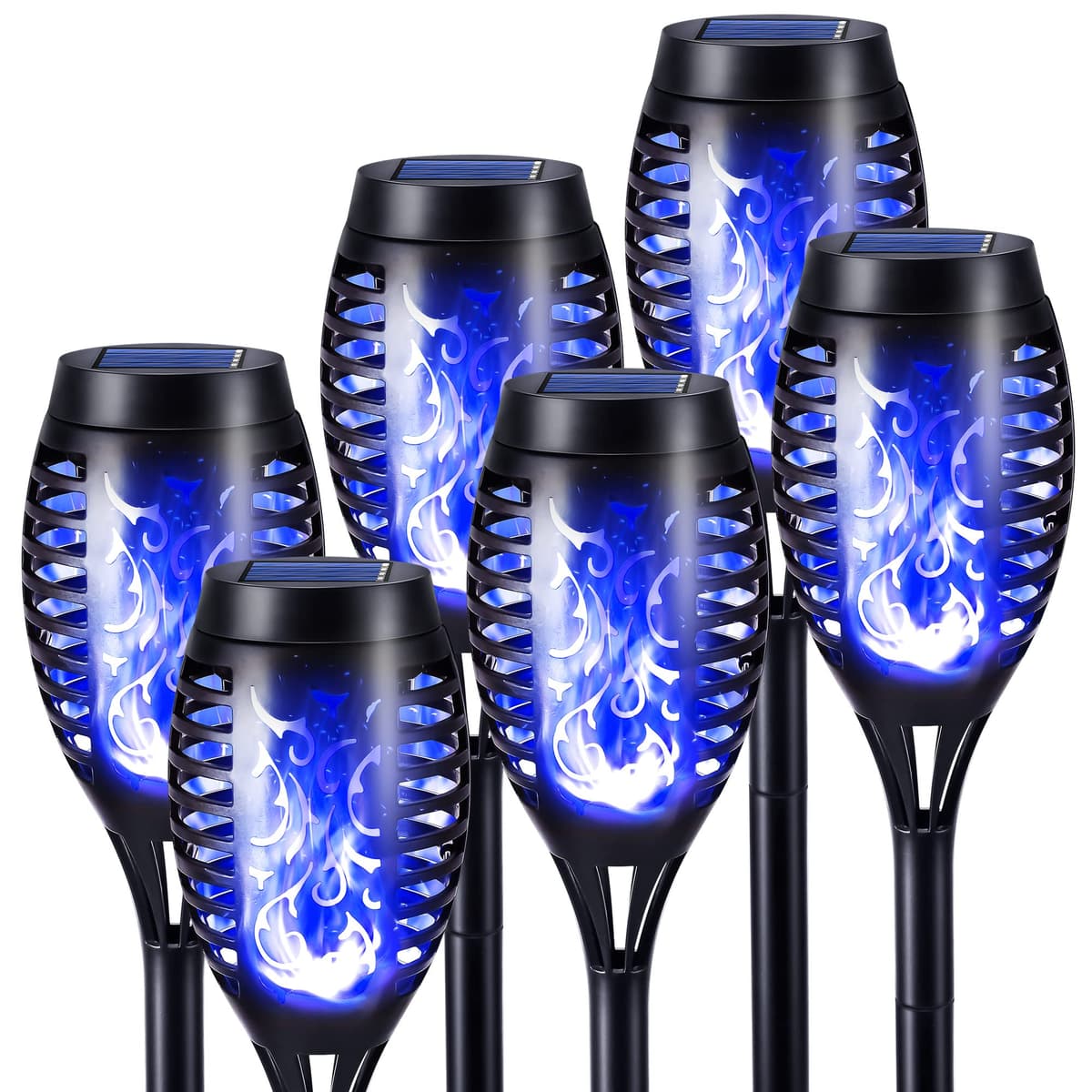 Geemoo 6 Pack Solar Flickering Dancing Flame Lights Waterproof Solar Torch Lights for Outdoor Garden Patio Pathway Yard Driveway Decorative, Warm White — view 9