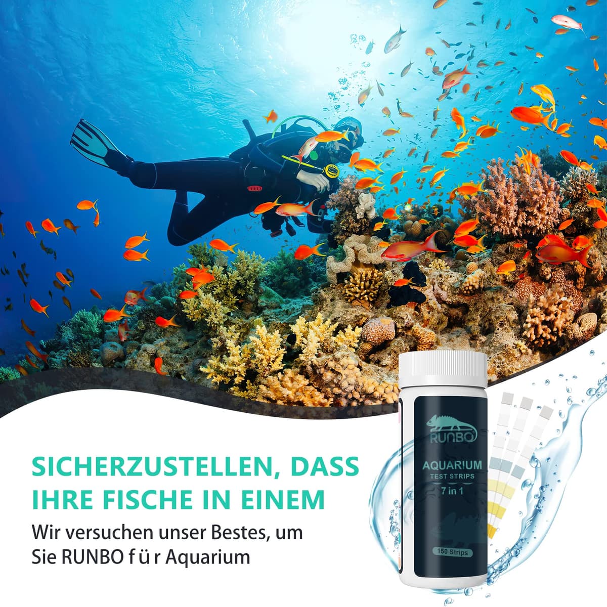 RUNBO Tiras de prueba 7 en 1 para acuario, 150 unidades, kit de prueba de acuario para estanque de peces de agua dulce, prueba precisa de la dureza total alcalinidad total carbonato nitrato nitrito — view 5