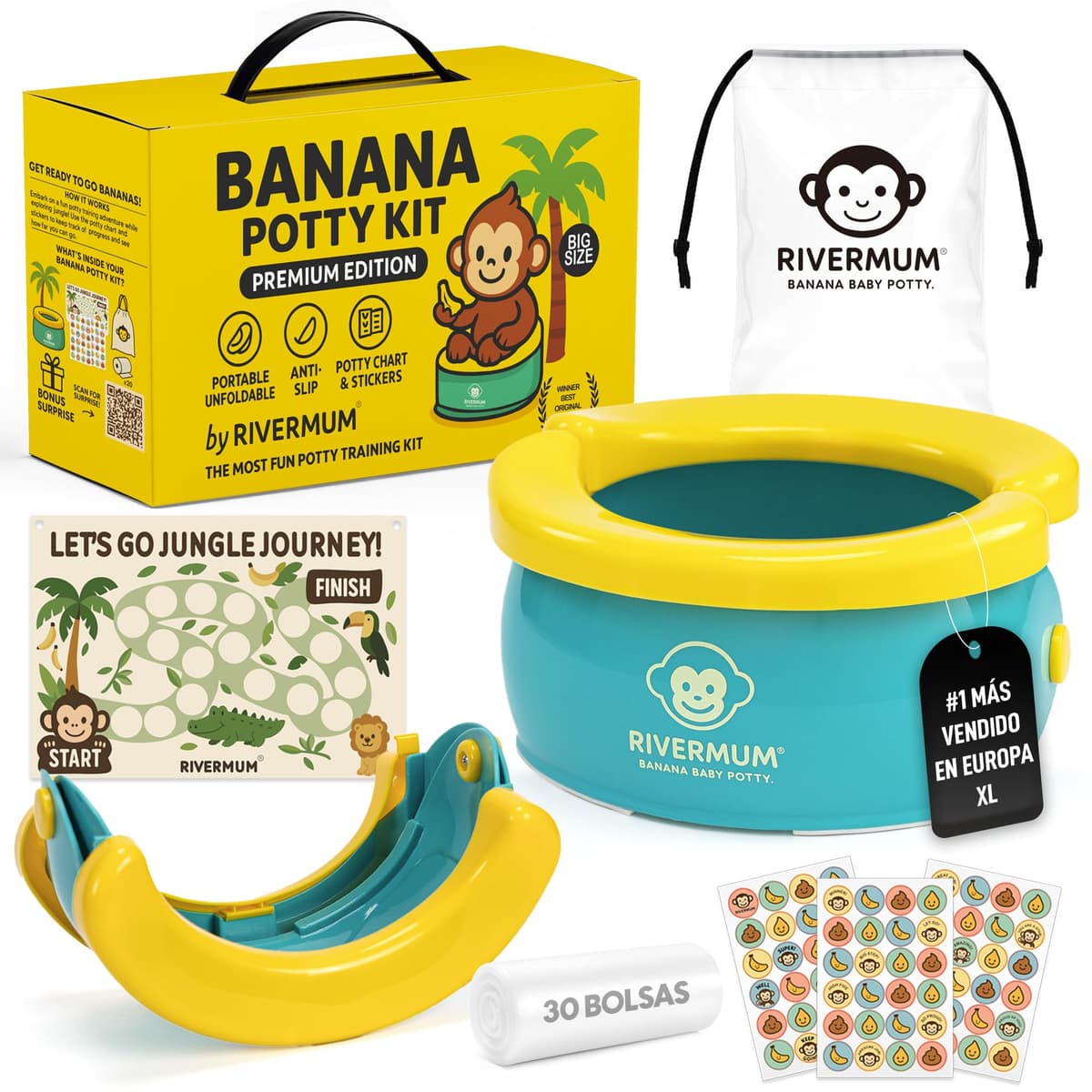 Kit Orinal Portatil Niños Plegable Banana XL, Orinal Infantil Pórtatil para viajes o casa, WC Inodoro portatil Niños, Potty Training, Incluye Bolsas, Pegatinas y Cacalendario (VERDE)