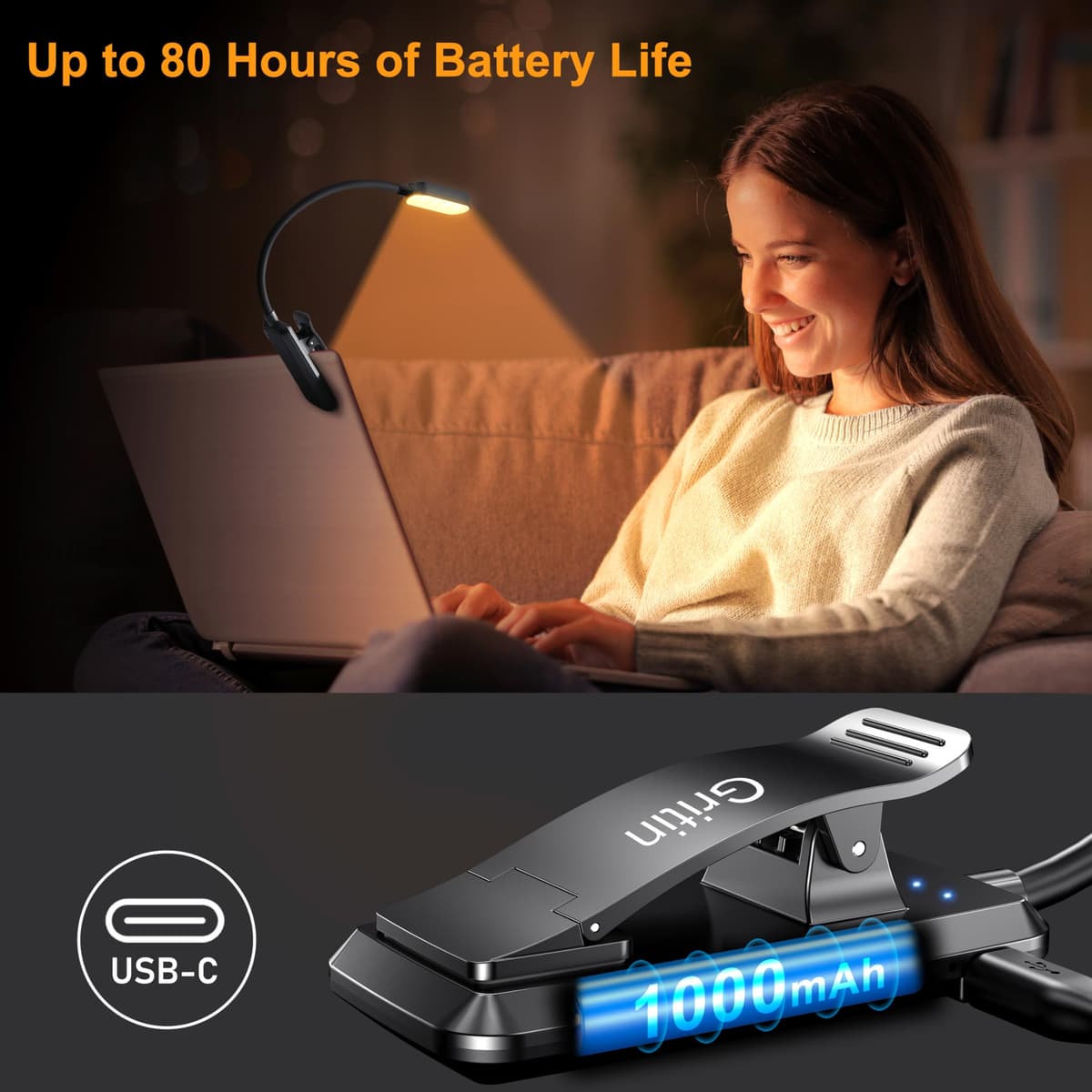 Gritin 16 LED Reading Light, Book Light 3 Eye-Protecting Modes Book Lamp (White/Amber/Mixed) - Stepless Dimming, Rechargeable, Long Battery Life, 4-Level Power Indicator, Flexible Clip on Book Light — view 6