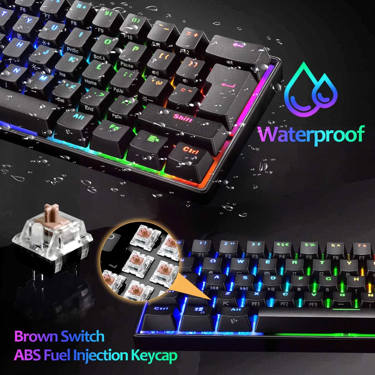 UrChoiceLtd UK61 60% Teclado mecánico para Juegos Tipo C Cableado 61 Teclas Retroiluminación LED Teclado Impermeable USB Retroiluminación RGB Teclas Anti-Fantasma para computadora/PC/Laptop/Mac — view 4