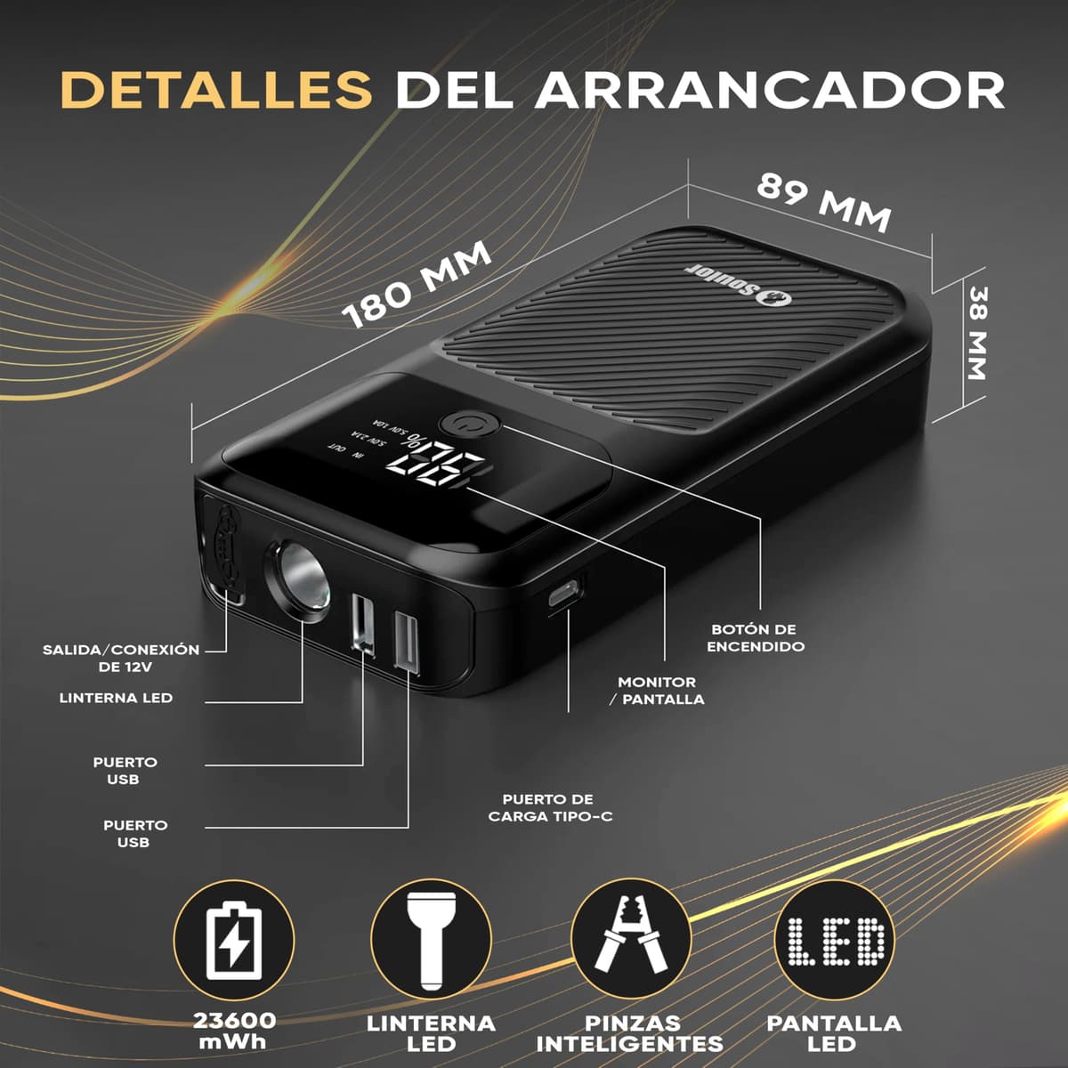 Sweet Car and Motorcycle Battery Jump Starter 8000A | Portable Car Jump Starter (Petrol and Diesel) with Screen and Flashlight 4 Modes| Quick Charge 30W | Battery Booster 12V | Includes Case and USB — view 6