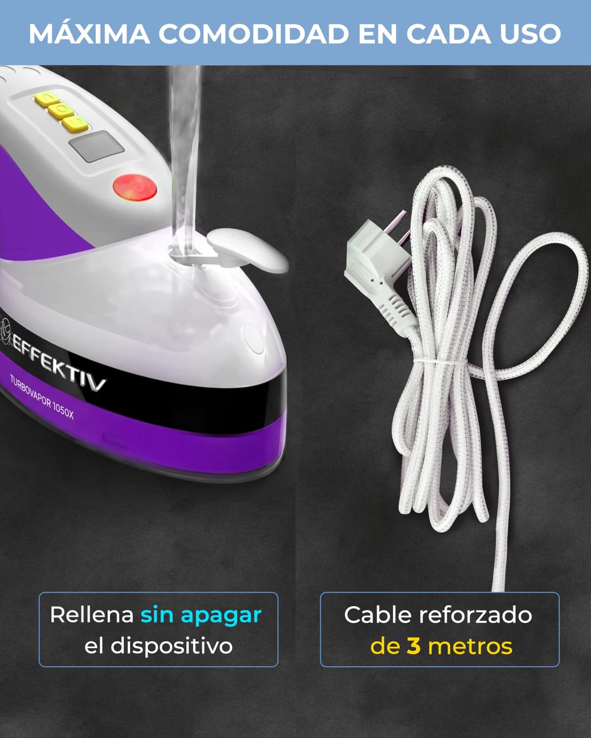 Plancha Vertical Vapor EFFEKTIV, 1800W, 3 en 1 Vapor Vertical Premium, Plancha Ropa con Suela Cerámica, Cepillo de Vapor, Depósito 250ml, Vapor Continuo 750mg/sec, Pantalla led, Autoapagado, Cable 3m — view 7