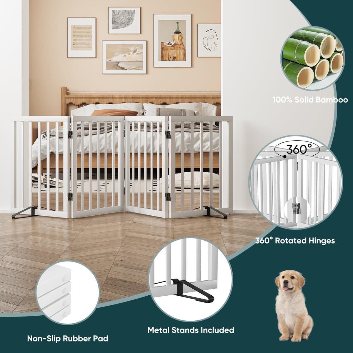 Semiocthome Freestanding Dog Gates and Barriers Indoor Pet Gates for Doorways and Stairs, 60cm(H) 4-Panel Puppy Gate with 2 Metals Stands Fully Assembled Adjustable Safety Fence Fit Up to 188cm White — view 3