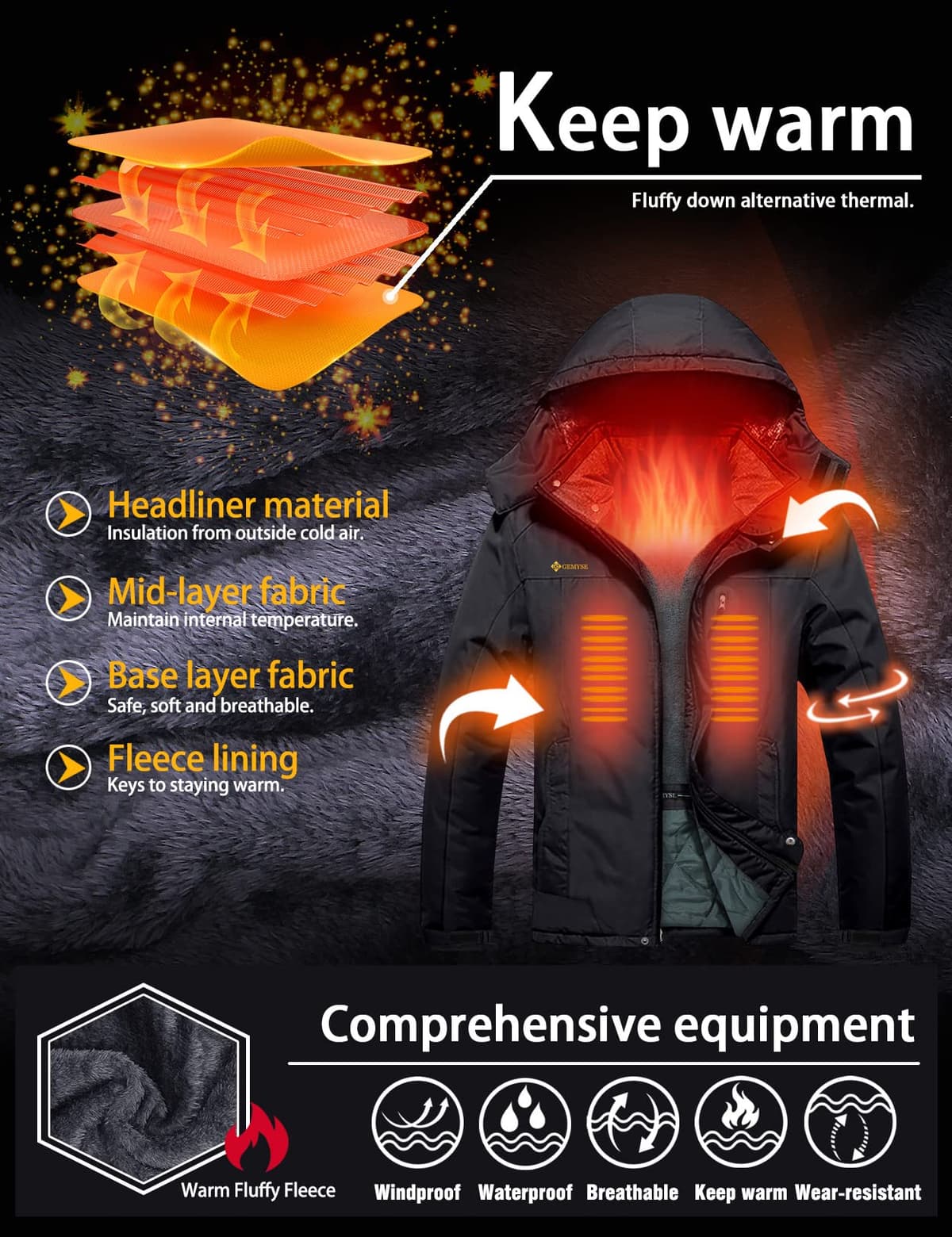 GEMYSE Chaqueta esquí hombre Chaqueta invierno cortaviento con capucha Chaqueta snowboard impermeable Chaqueta outdoor forrada Chaqueta funcional — view 5