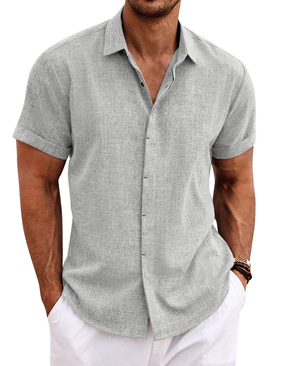 COOFANDY Men's Linen Shirts Short Sleeve Casual Shirts Button Down Shirt for Men Beach Summer Wedding Shirt — view 39