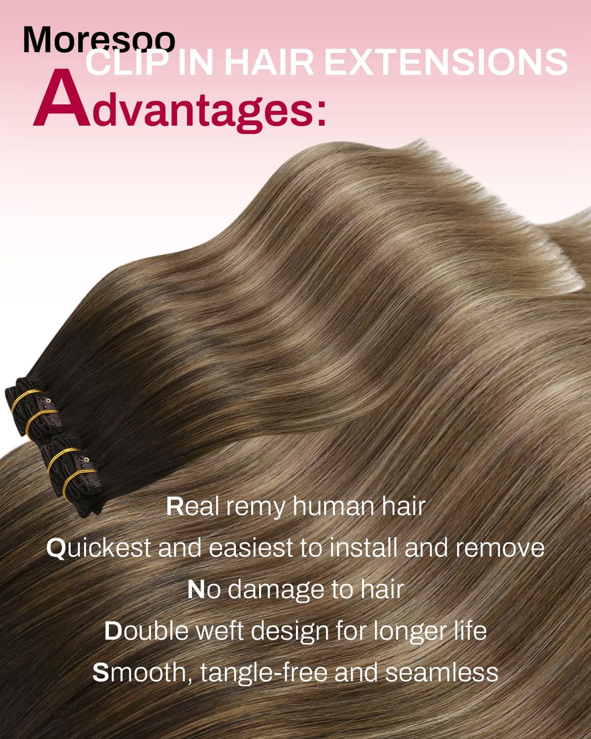 Moresoo Brown Clip in Hair Extensions Balayage 16 Inch Ombre Golden Brown with Honey Blonde Hair Extensions Clip in Real Human Hair 80g 5 Pieces Straight Hair #4/10/16 — view 2