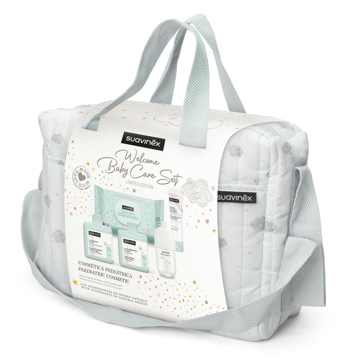 Suavinex, Bolso Carro Bebé con Cosmética: Gel Champú Syndet 300 ml + Loción Hidratante 300 ml + Pomada Pañal 50 ml + Baby Cologne 100 ml + Toallitas 60 Uds. Ideal Regalo de Recién Nacido, Azul — view 3