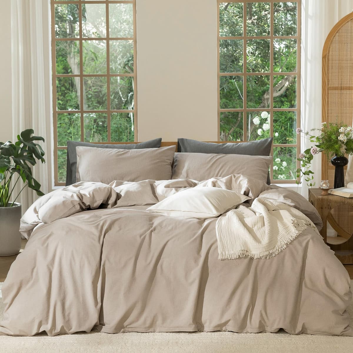 MooMee Bedding Duvet Cover Set 100% Washed Cotton Linen Like Textured Breathable Durable Soft Comfy (Tannish Linen Grey, King) — view 64