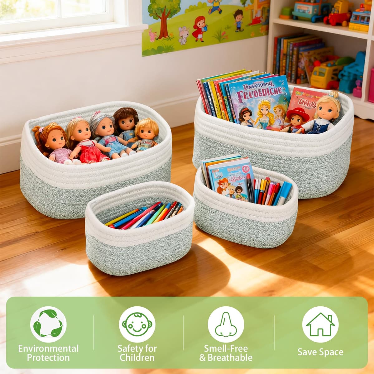 Withosent Juego de 4 Cestas Almacenaje Tejida con Cuerda de Algodón, Cesta Bebe Organizadoras, Cajas Organizadoras Baño Decorativas para Armarios, Salones, Juguetes, Cambiador — view 2