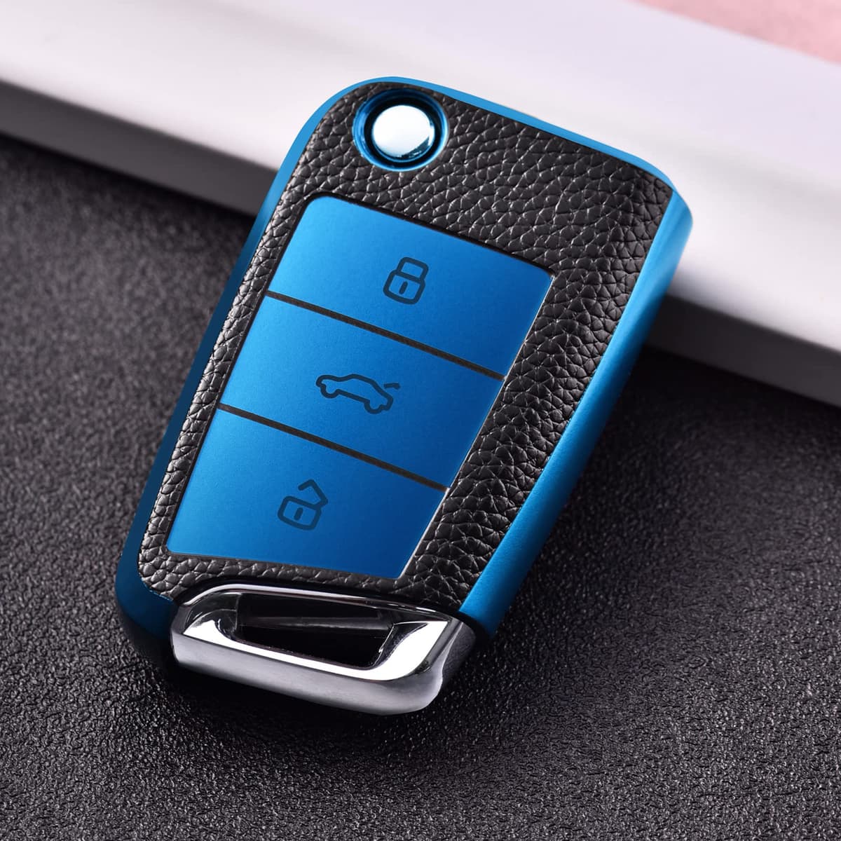 OATSBASF Car Key Case Key Case, Key Box Cover 3 Buttons (blue leather) — view 4