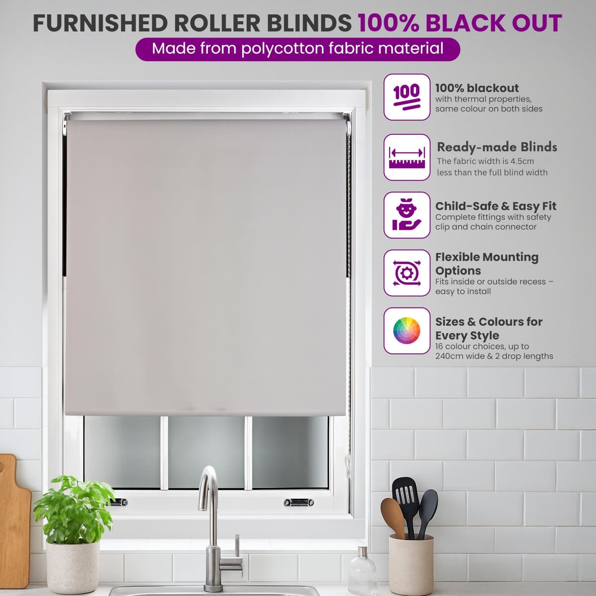 FURNISHED Roller Blinds Thermal Blackout Roller Blind - Trimmable Insulated UV Protection Child Safe Easy Fit Home Office Window Blinds, Cream, 100 cm Wide x 165 cm Long — view 4