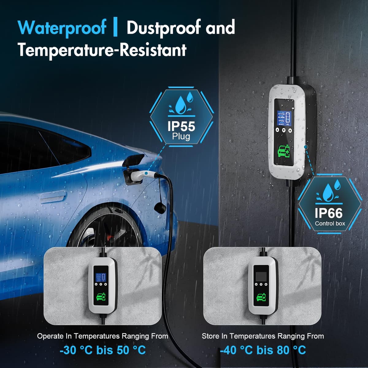 FNITAER EV Charger Cable Type 2 to 3 Pin Plug 2.99kw, 6M, 8/10/13A, Adjustable Current EV Charger,With LED Screen Timing Delay IP66/IP65, With Carry Bag and Type 2 EV Cable Holder for EVs and PHEVs — view 4