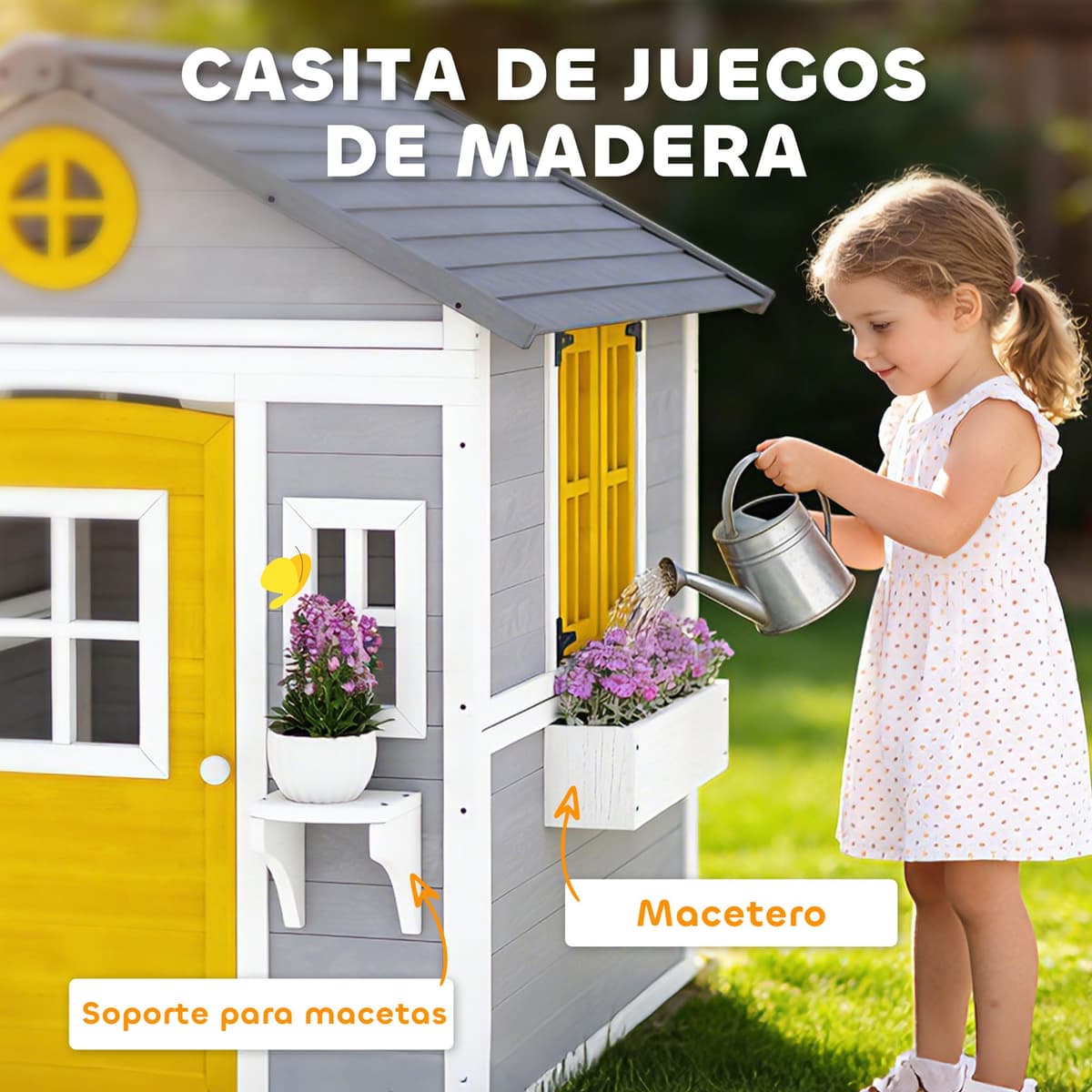 Outsunny Casita Infantil Exterior e Interior de Madera, Casita Infantil con Puerta, Ventanas, Jardineras y Soportes de Flores, Casa de Jardín para Niños de 3-8 Años, Gris — view 3