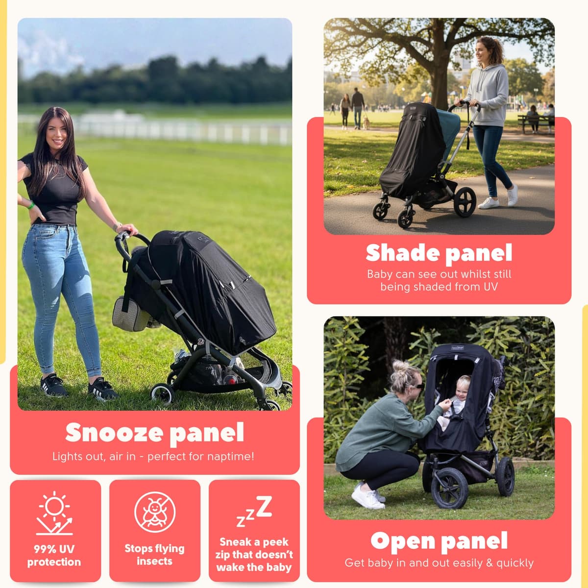 SnoozeShade Plus Extra Pram and Stroller Sun Shade Cover Blocks 99% UV UPF50+ Baby Sleep Aid and Breathable Blackout Canopy for Pushchairs Buggies and Travel Strollers — view 2