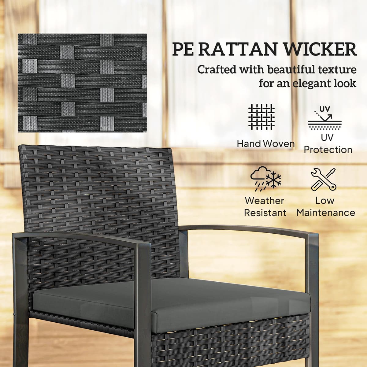 Outsunny 3 Piece Rattan Bistro Set, PE Wicker Garden Furniture Conversation Set, Tempered Glass Bistro Table and Chairs with Cushions for Patio, Balcony, Porch, Dark Grey — view 4
