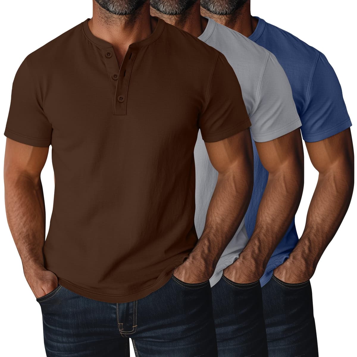 Ficerd 3 Piezas Camisetas Henley para Hombres de Talla Grande y Alta, Manga Corta, Oversize Holgadas, Básicas Casuales Tops — view 9