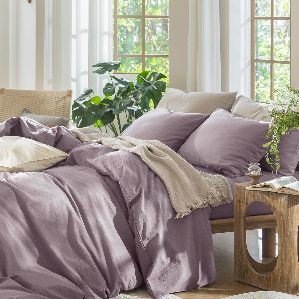 MooMee Bedding Duvet Cover Set 100% Washed Cotton Linen Like Textured Breathable Durable Soft Comfy (Tannish Linen Grey, King) — view 116