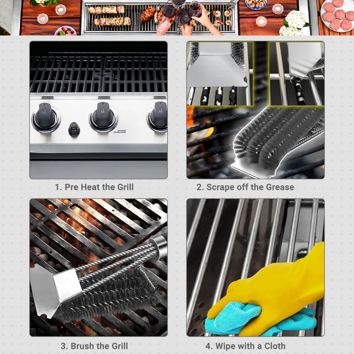 BBQ Grill Cleaning Brush with Stainless Steel Scraper, Heavy Duty Wire Bristles & Long Handle, 2-in-1 Barbecue Cleaner for Gas, Charcoal & Electric Grill, BBQ Cleaning Brush Set with Bonus Brush — view 5