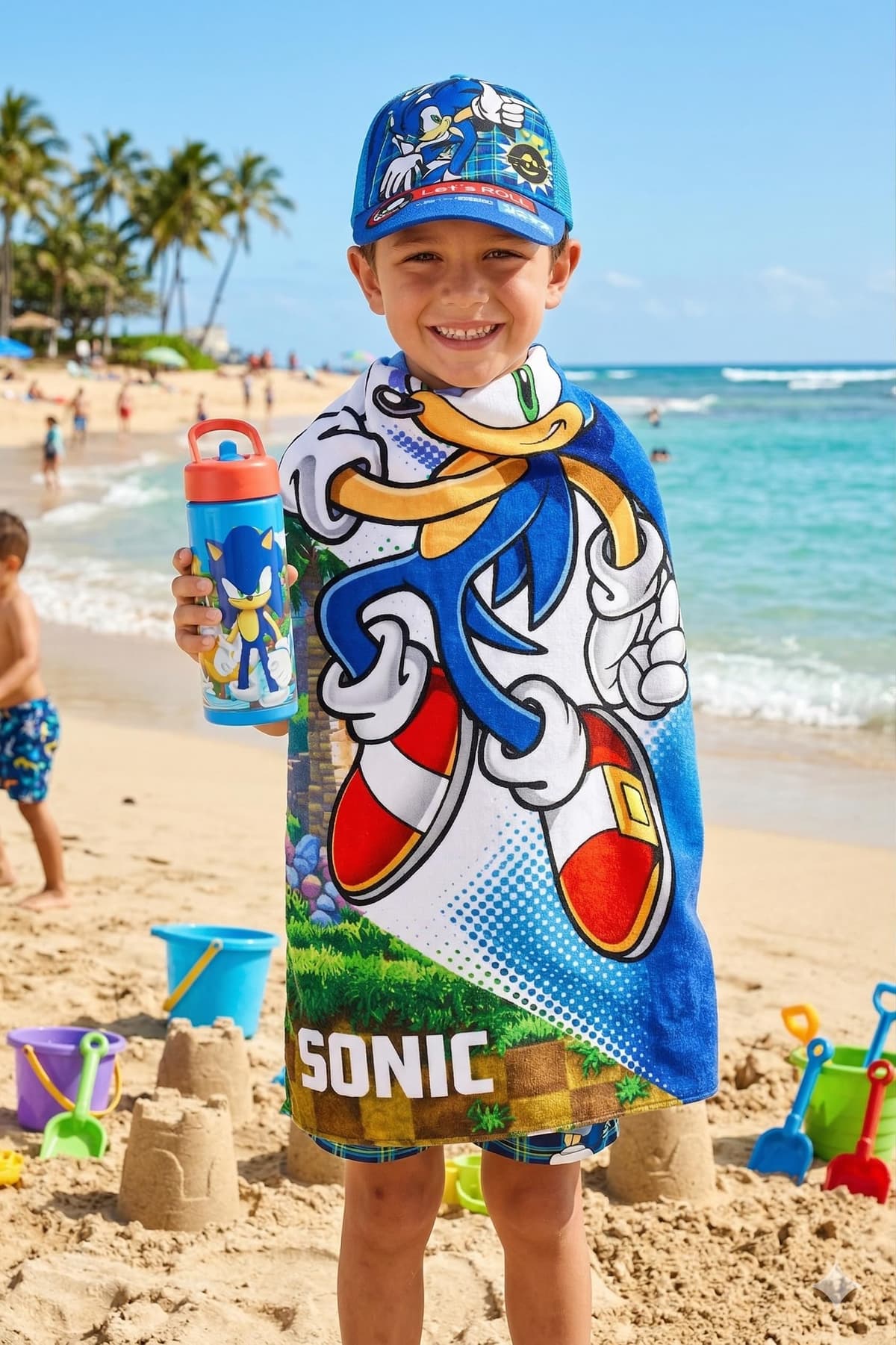 MARUKATSU Sonic Pack Playa Niño Completo Toalla 140x70 cm + Gorra Ajustable + Botella 410ml – Set Verano Infantil Microfibra Secado Rápido Piscina — view 4
