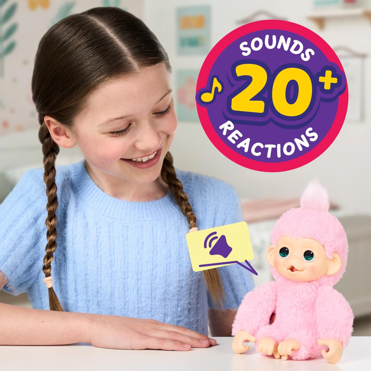 Little Live Pets Baby Monkey Minis – Luna Lemon. Interactive Pet Toy. 20+ Sounds & Reactions. Soft Pink Fur. 7.4" Tall. Feed, Nurture. React. Grippy Hands & Feet. Collect All 3 — view 2