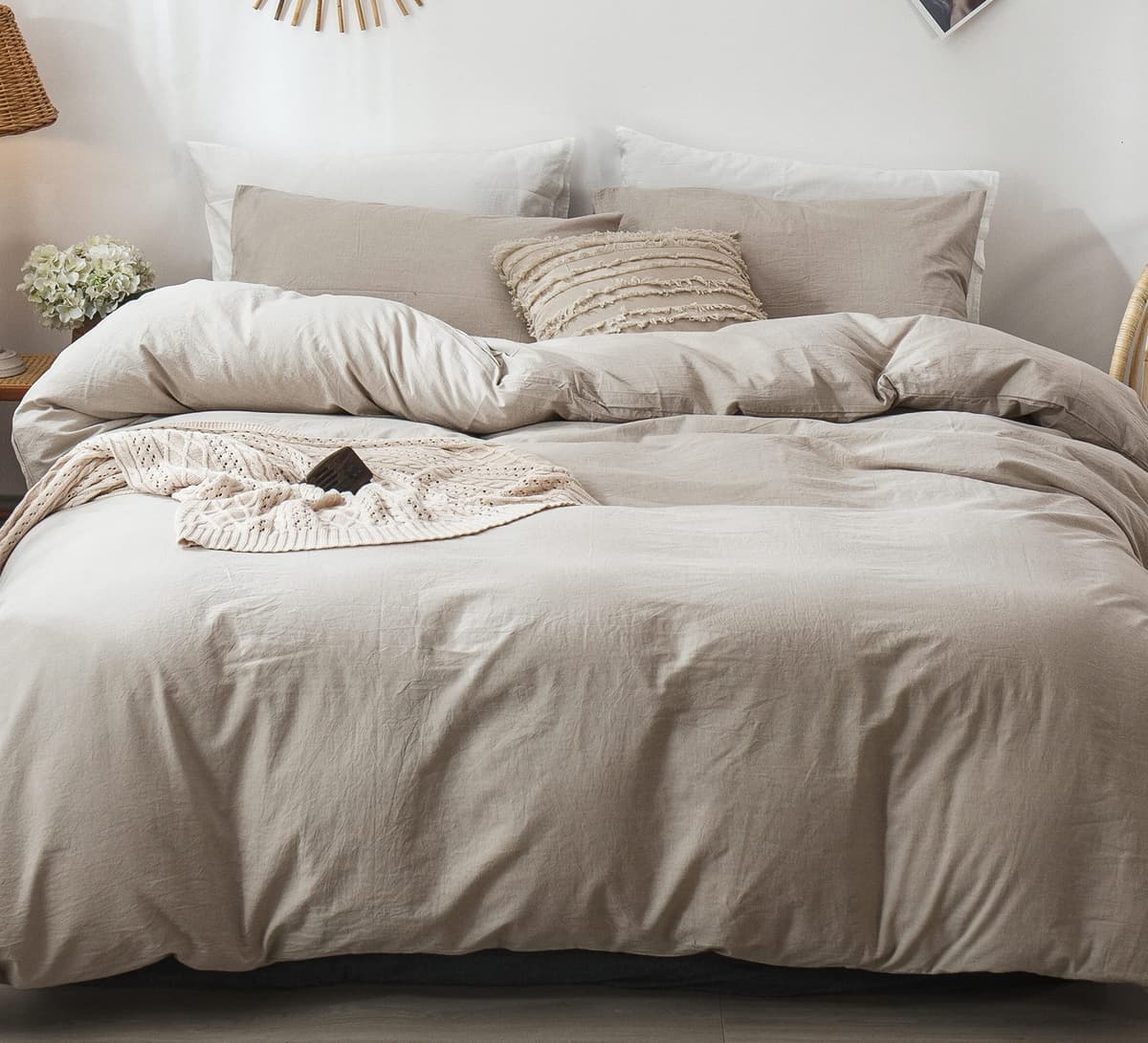 MooMee Bedding Duvet Cover Set 100% Washed Cotton Linen Like Textured Breathable Durable Soft Comfy (Tannish Linen Grey, King) — view 5