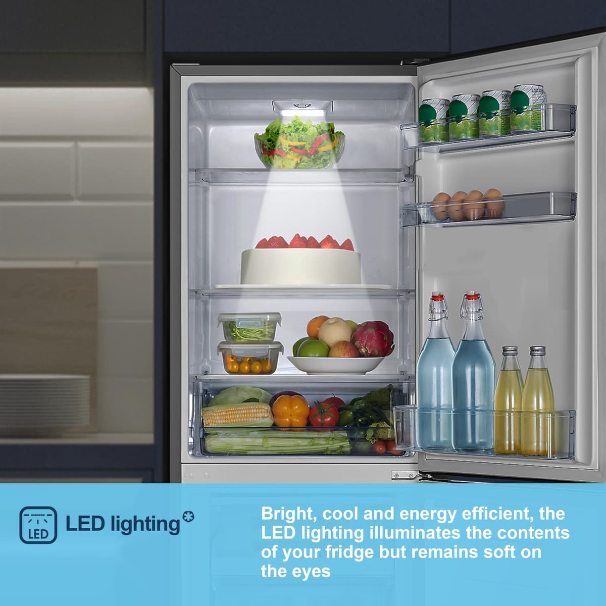 Fridgemaster MC55240ES 55cm Freestanding 252L 50/50 Fridge Freezer - LED Lighting, Silver - E Rated, H174.3 x W55.4 x D55.8 (cm) — view 9