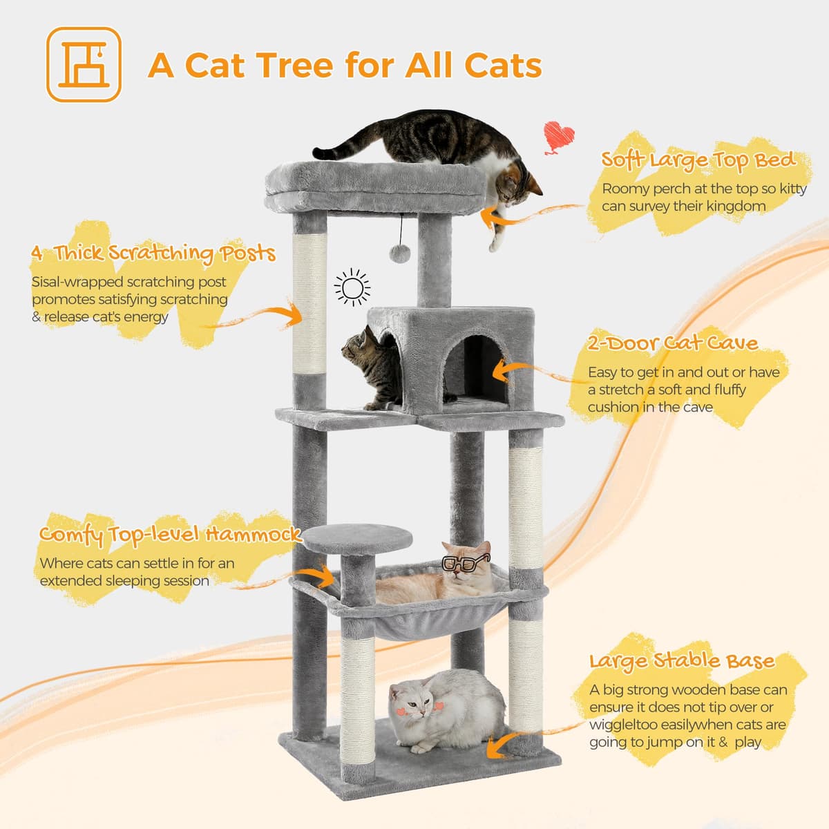 PAWZ Road 143cm Cat Tree for Indoor Cats with Metal Frame Large Hammock, 56.3 Inches Big Cat Tower with Scratching Posts and Top Perch, 4.7ft Multi-Level Activity Center with Replaceable Pompon, Grey — view 4