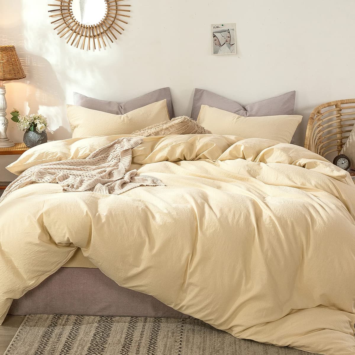 MooMee Bedding Duvet Cover Set 100% Washed Cotton Linen Like Textured Breathable Durable Soft Comfy (Tannish Linen Grey, King) — view 165
