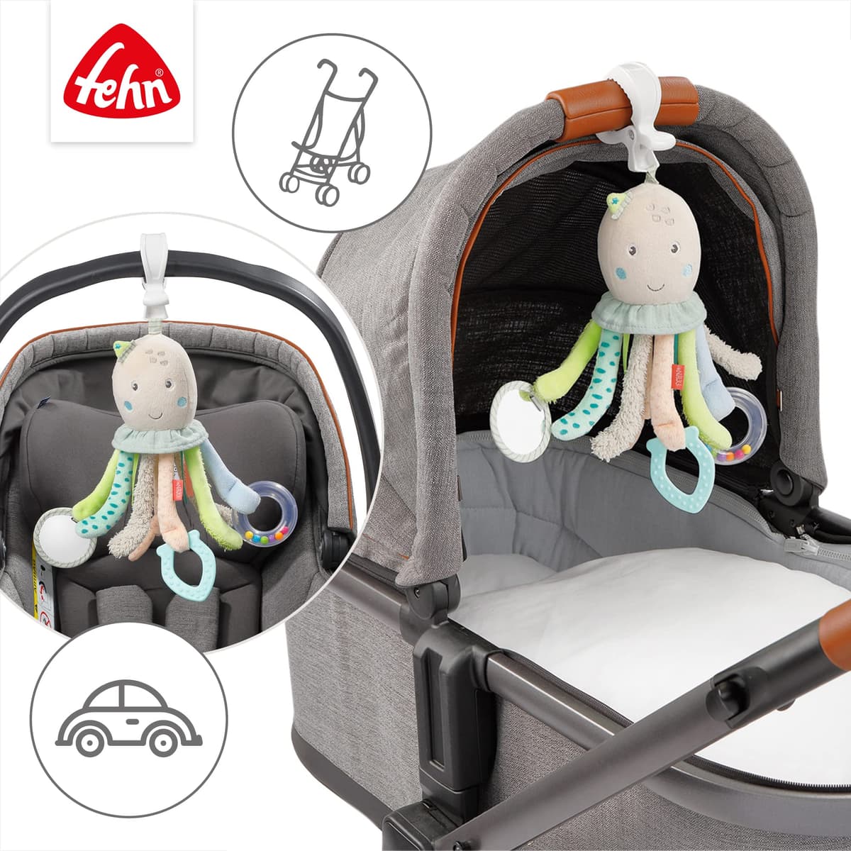 Fehn pulpo de actividades - juguete para desarrollar la motricidad para cochecitos, cunas y sillas de bebé - para morder, agarrar y hacer ruido - Para bebés y niños pequeños a partir de 0 meses — view 5