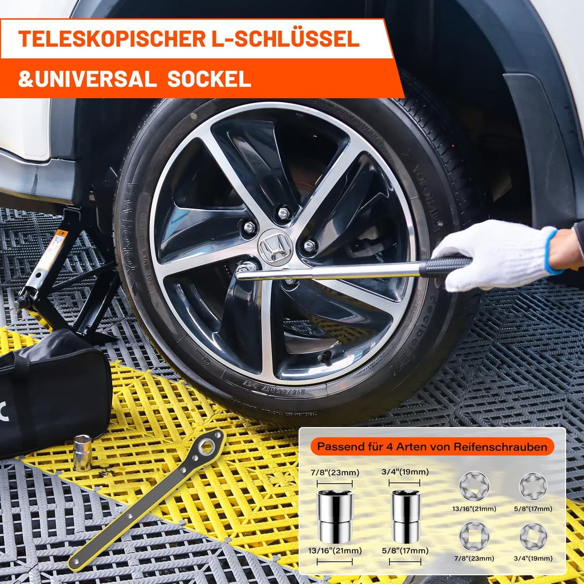 IMAYCC Nuevo Gato para Coche 2.5T/2500kg, Kit de Gato Coche con 2 Piezas Bloque De Goma Universal, Portátil Kit de Emergencia con Llave de Tuercas de Rueda. — view 4