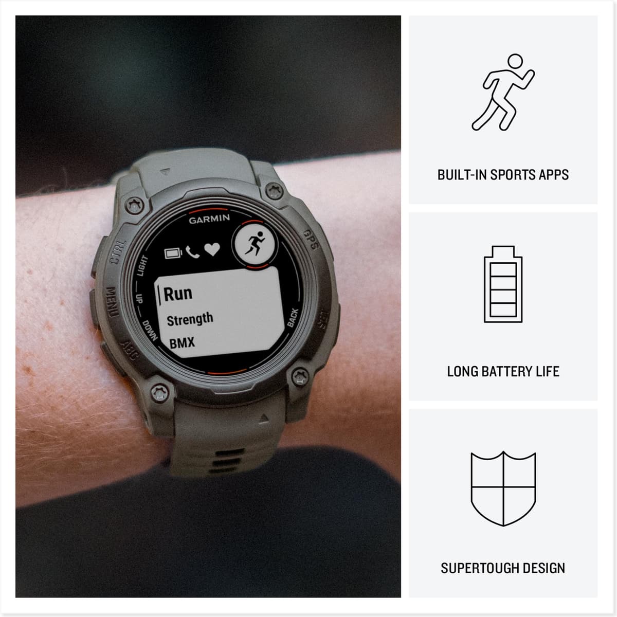 Garmin Instinct E, 45 mm rugged GPS smartwatch with essential smart features, built in sports apps, supertough design features, up to 16 days battery life, Black Bezel with Charcoal band — view 3