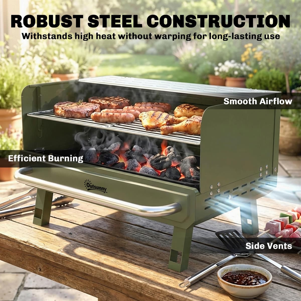 Outsunny Portable BBQ Grill, Charcoal Barbecue Grill with Adjustable Grates, Foldable Legs and Side Shelf for Camping Hiking Picnic Travel Garden Outdoor Cooking, Green — view 3