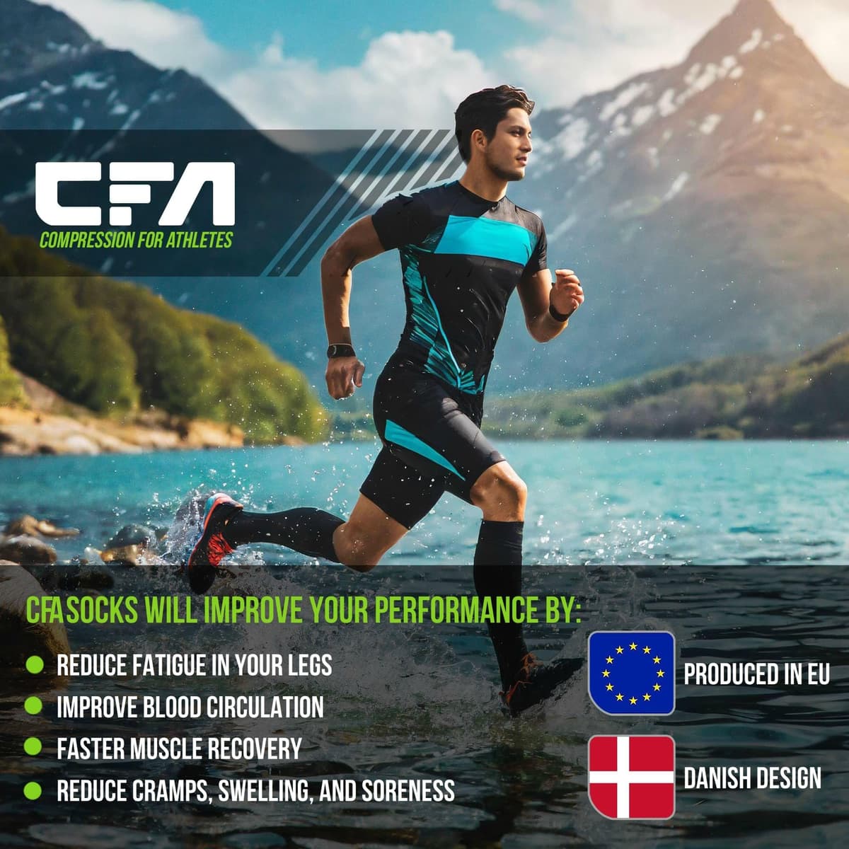 CFA V1 Calcetines Compresion Mujer y Hombre Graduada Antiampollas, Ideales Para El Deporte | Modelo Hasta La Rodilla | Soporte De Tobillo Y Arco | Diseño Danés | Fabricado En Portugal — view 3