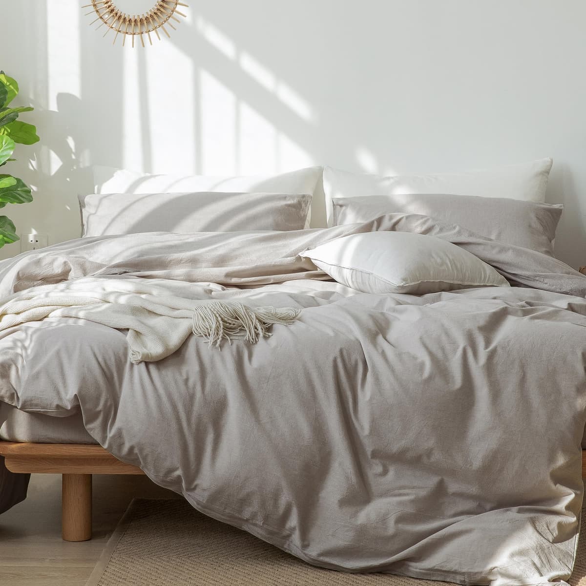 MooMee Bedding Duvet Cover Set 100% Washed Cotton Linen Like Textured Breathable Durable Soft Comfy (Tannish Linen Grey, King) — view 173