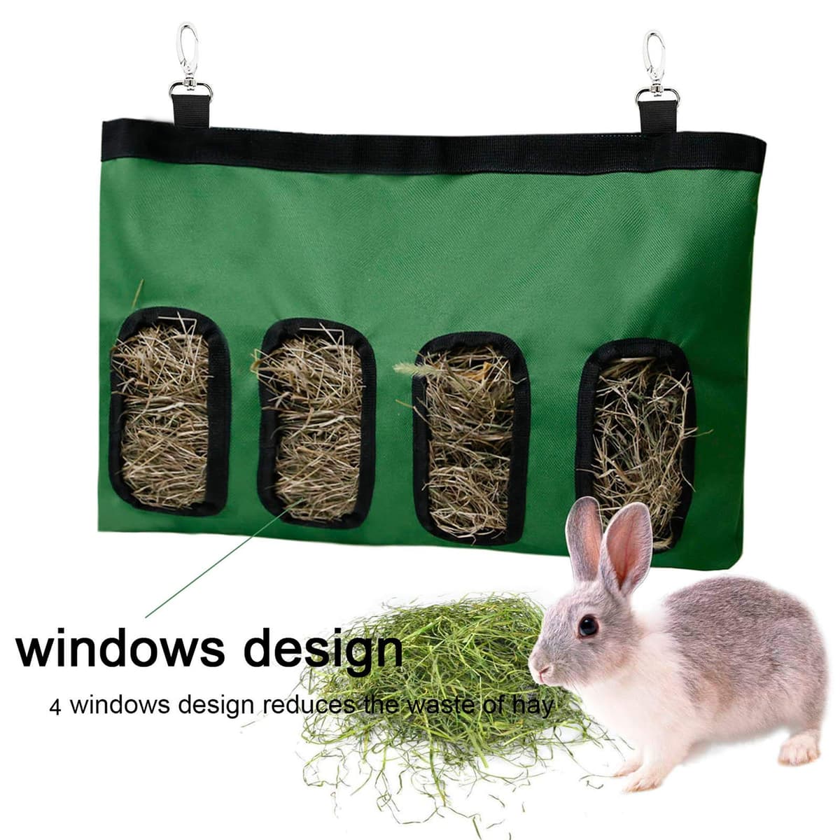 Rabbit Hay Feeder Bag Guinea Pigs Hanging Hay Rack Manger Holder Dispenser Small Animal Feeder Storage Pouch for Bunny Chinchilla Hamster (4 Windows, Black) — view 2