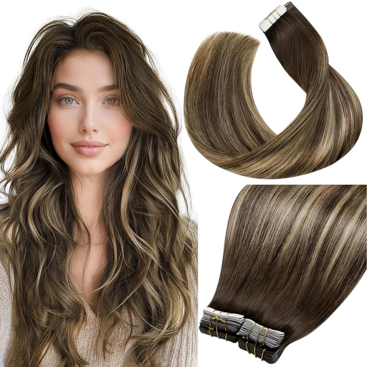 LaaVoo Tape in Hair Extensions Human Hair Blonde Tape Hair Extensions Real Human Hair Invisible Tapes Remy Straight Balayage Brown to Blonde Hair Double Sided Tabs 20pcs 50g 16 Inch #8/18/60 — view 16