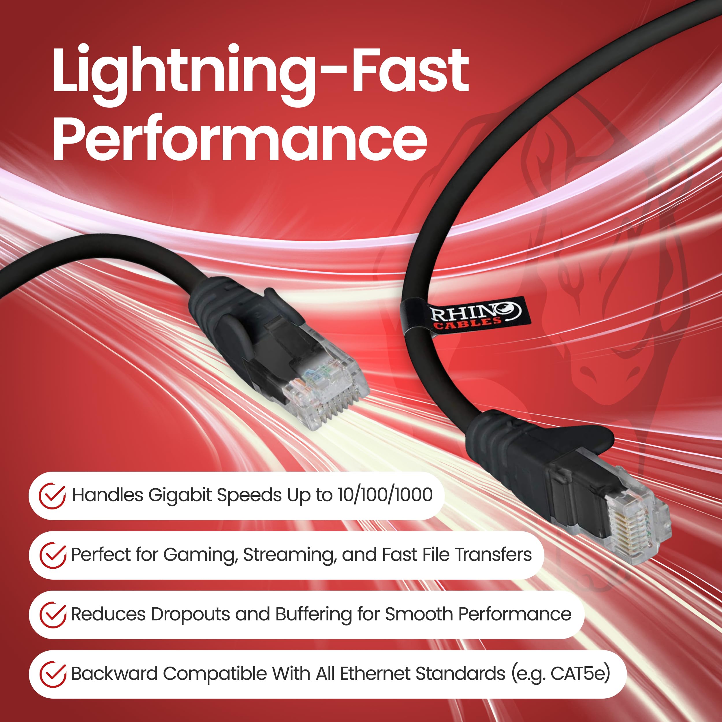 rhinocables CAT 6 High-Speed Gigabit Ethernet Cable - Patch Network Lead for LAN| Snagless UTP With LSZH Jacket | RJ45 Connector - Internet, Router, Modem, Smart TV, PC & More (5m, Black, Pack of 1) — view 2