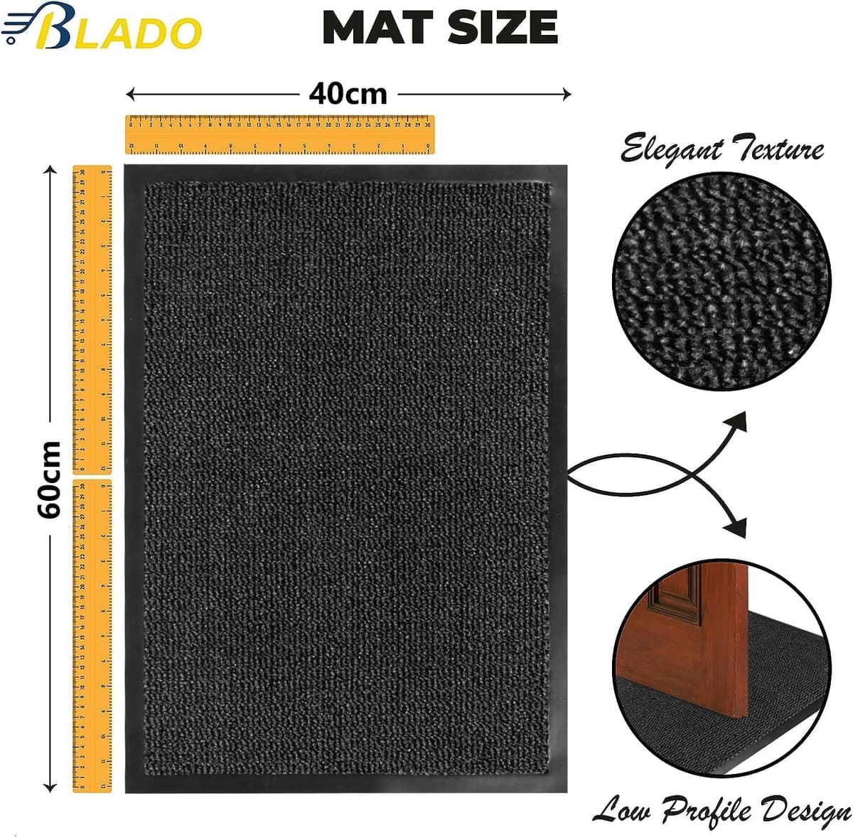 BLADO Washable Door Mats Indoor & Outdoor - Non-Slippery Heavy Duty - Stylish & Large Rubber - Perfect Dust Grabbing Doormats (Anthracite, 40cm x 60cm) — view 3