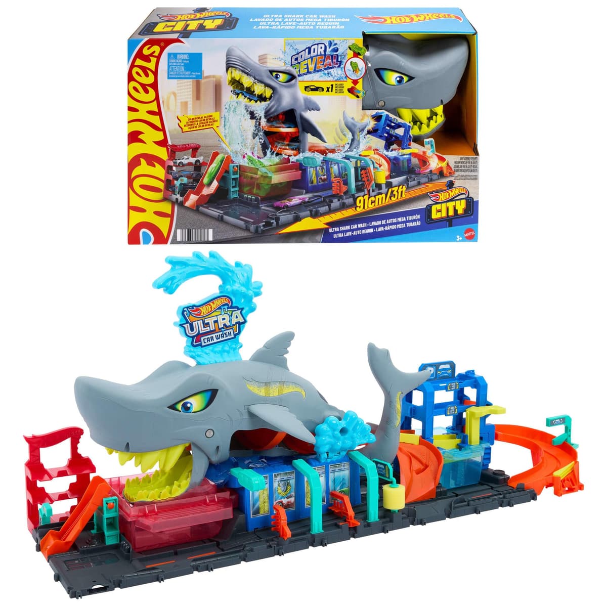 Hot Wheels Let's Race Netflix - City Toy Car Track Set, Ultra Shark Car Wash with 1:64 Scale Color Reveal Toy Car, Repeat Color-Change Feature, Storage, HTN82