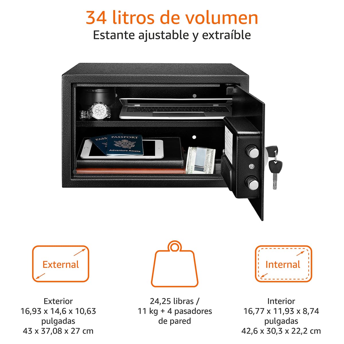 Amazon Basics Caja Fuerte de Seguridad de Acero con Cerradura con Teclado, Protege Dinero, Joyas, Documentos de identificación, 14 l, 35 cm x 25 cm x 25 cm, Color Negro — view 32