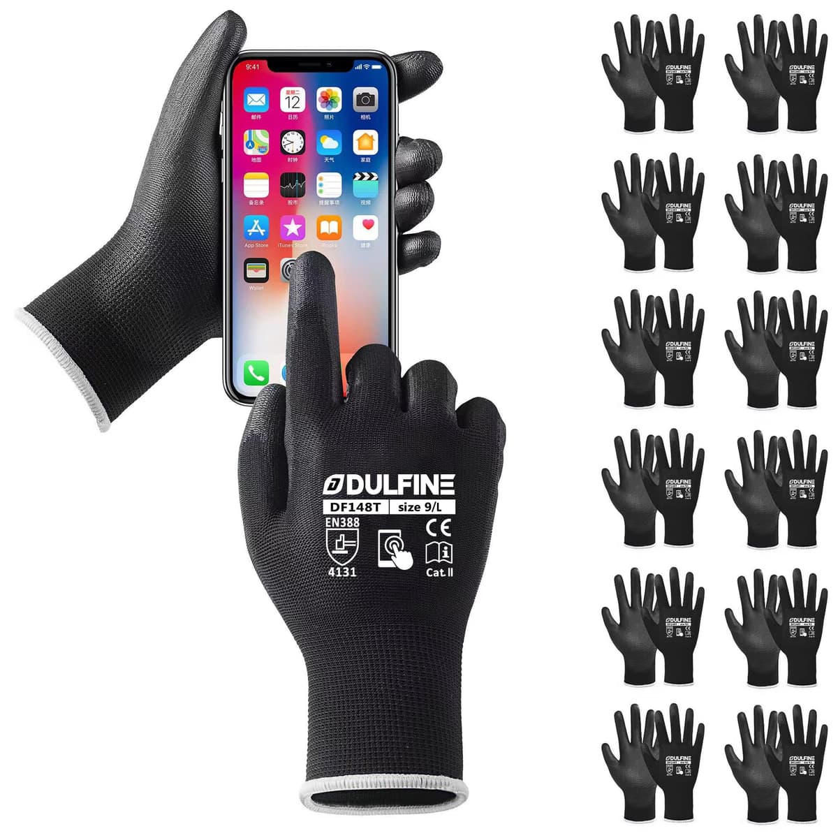 DULFINE Ultra-Thin PU Coated Work Gloves-12 Pairs,Excellent Grip,Nylon Shell Black Polyurethane Coated Safety Work Gloves, Knit Wrist Cuff,Ideal for Light Duty Work. (X-Small) — view 24
