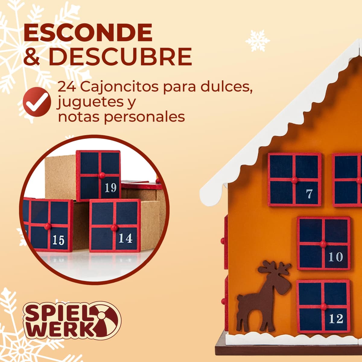 Spielwerk® Calendario de Adviento Madera Casita Jengibre 24 Cajoncitos Rellenable Chuches Vacio Reutilizable Adorno Decoración Navidad 2025 Personalizable — view 3
